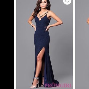 Glitter Navy Blue Long Prom Dress with Open Back